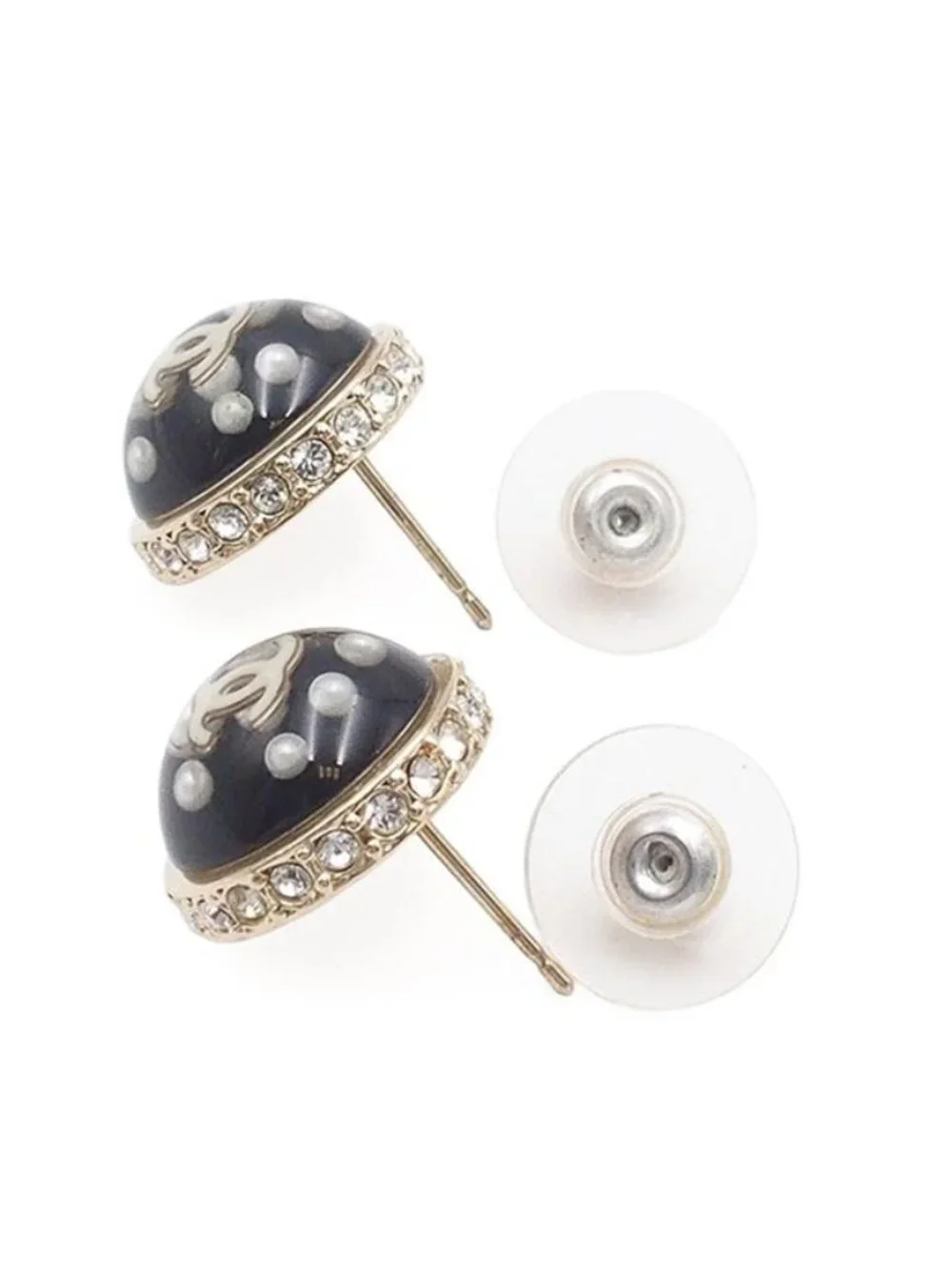Chanel Earrings Black Gold Metal Costume Pearl Rhinestone CC Logo 10c